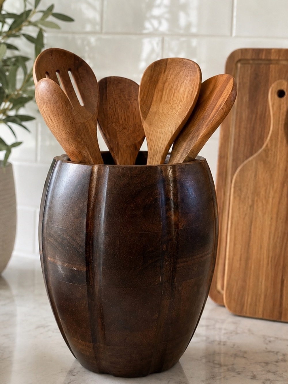 Solid Mahogany Wood Utensil Holder – Handcrafted in India– New